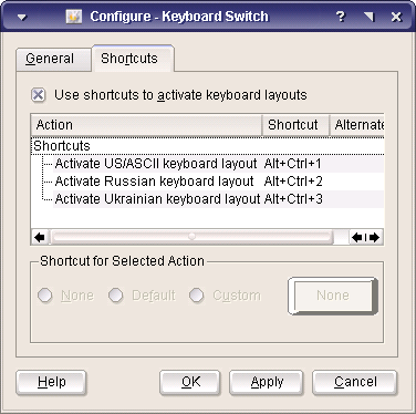 KKBSwitch config dialog, Shortcuts page